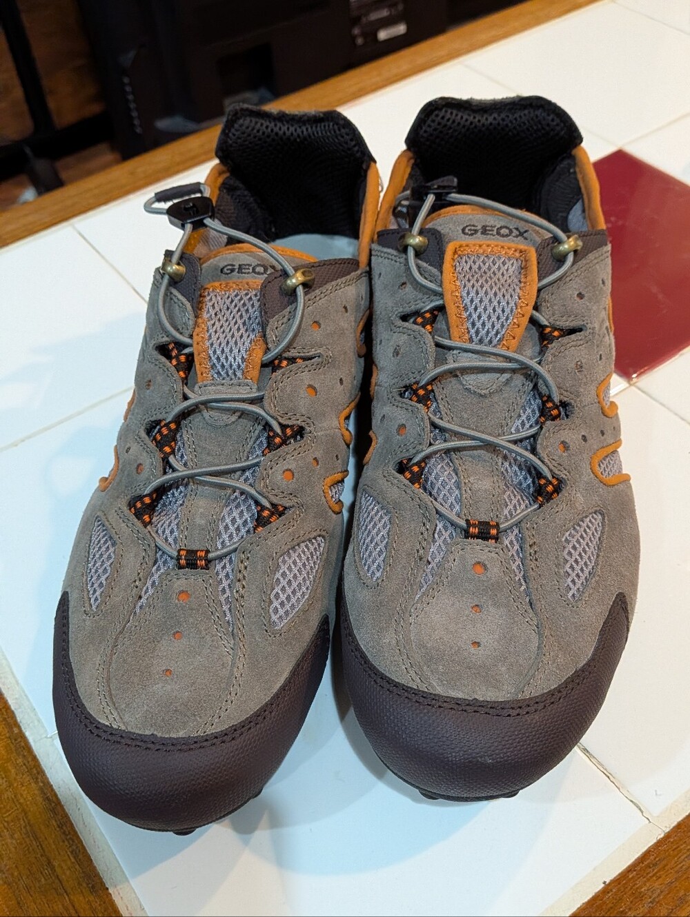 NIB Geox Men's Gray Suede Trail Sneakers with Orange Accents